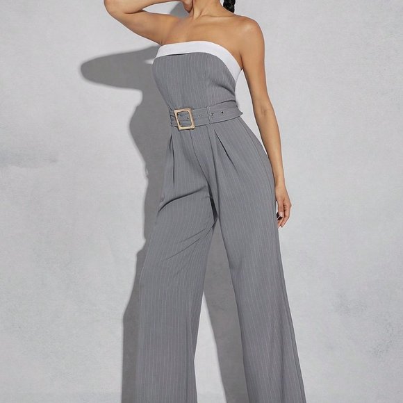 Grey Preppy Womens Pinstriped Tube Belted Jumpsuit - Picture 4 of 5